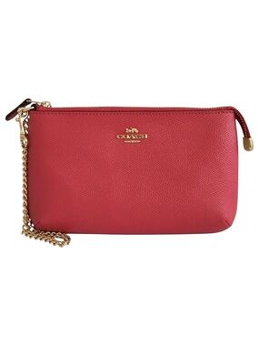 Coach Womens Crossgrain Leather Large Wristlet With Gold Chain Strap Pink 73044